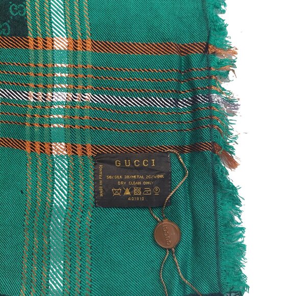 Gucci Vintage Green Dual-Tone Monogram Orange Stripe Reversible Shawl Wrap Scarf - Picture 14 of 15